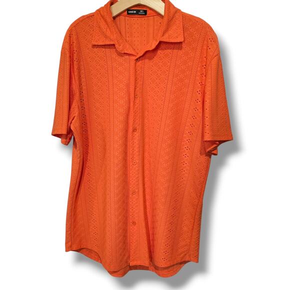 SHEIN Men’s Orange Textured Button Down Shirt Large Polyester Blend - Picture 1 of 7